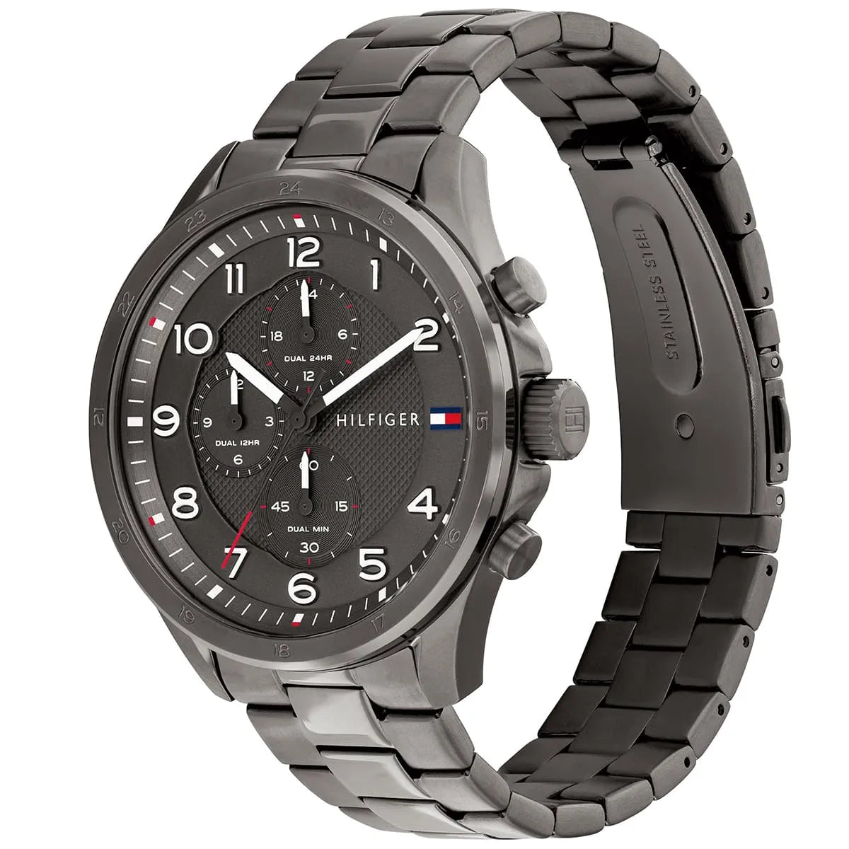 Tommy Hilfiger Axel watch side profile showing stainless steel bracelet and case detail
