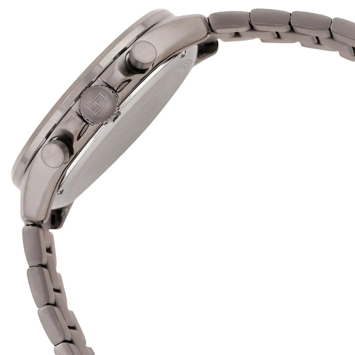 Tommy Hilfiger Axel watch side view showing chronograph pushers and case profile