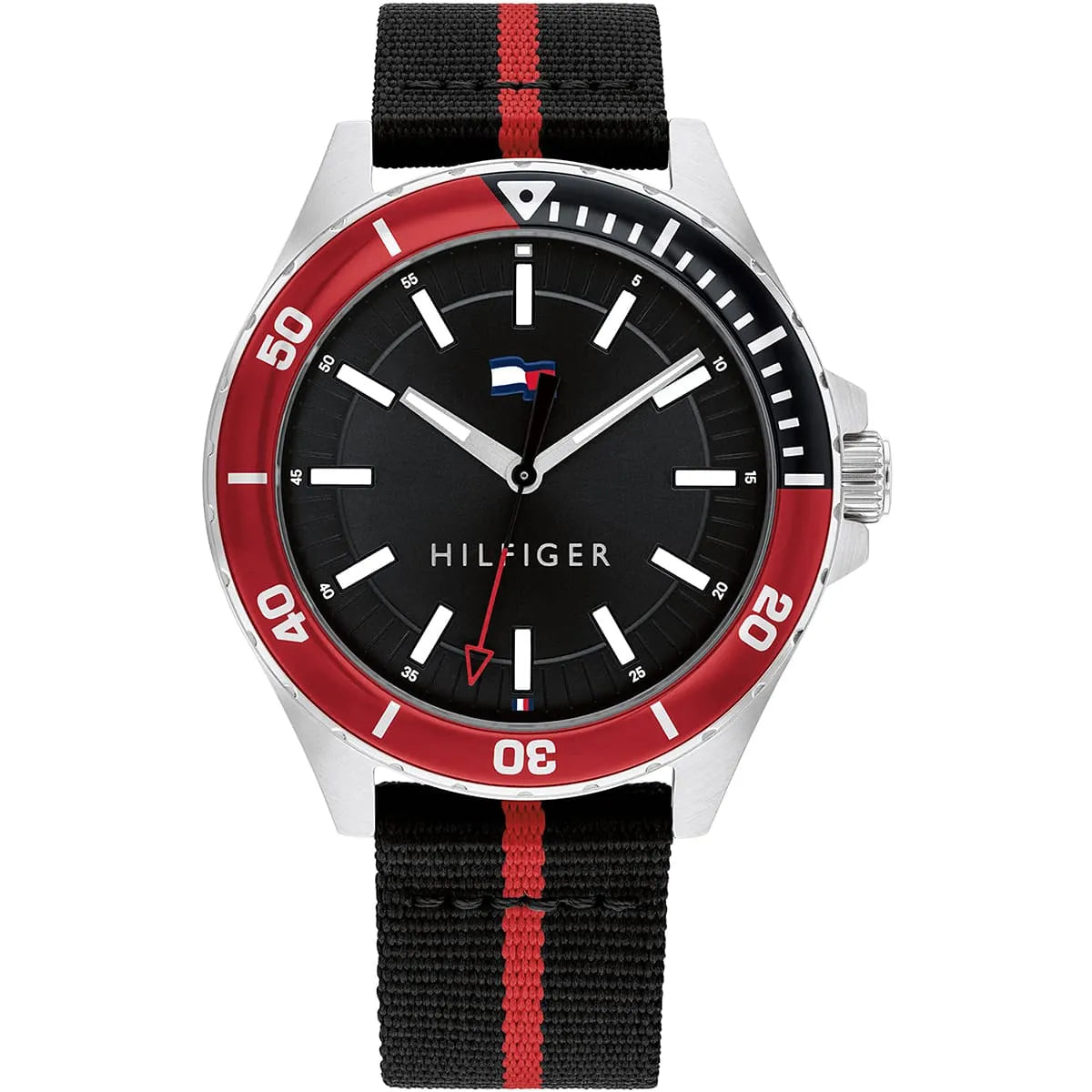 Tommy Hilfiger Logan watch with black dial, red fixed bezel, and black-red striped nylon strap