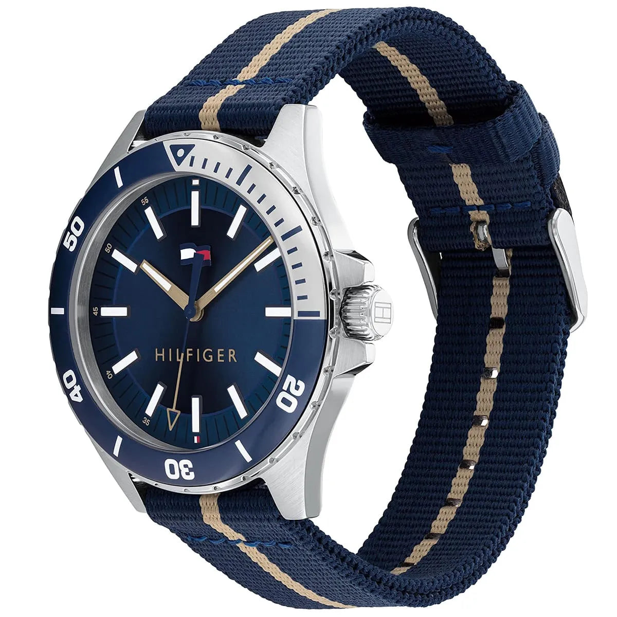 Tommy Hilfiger Logan watch side angle showing blue bezel and navy fabric strap with beige stripe