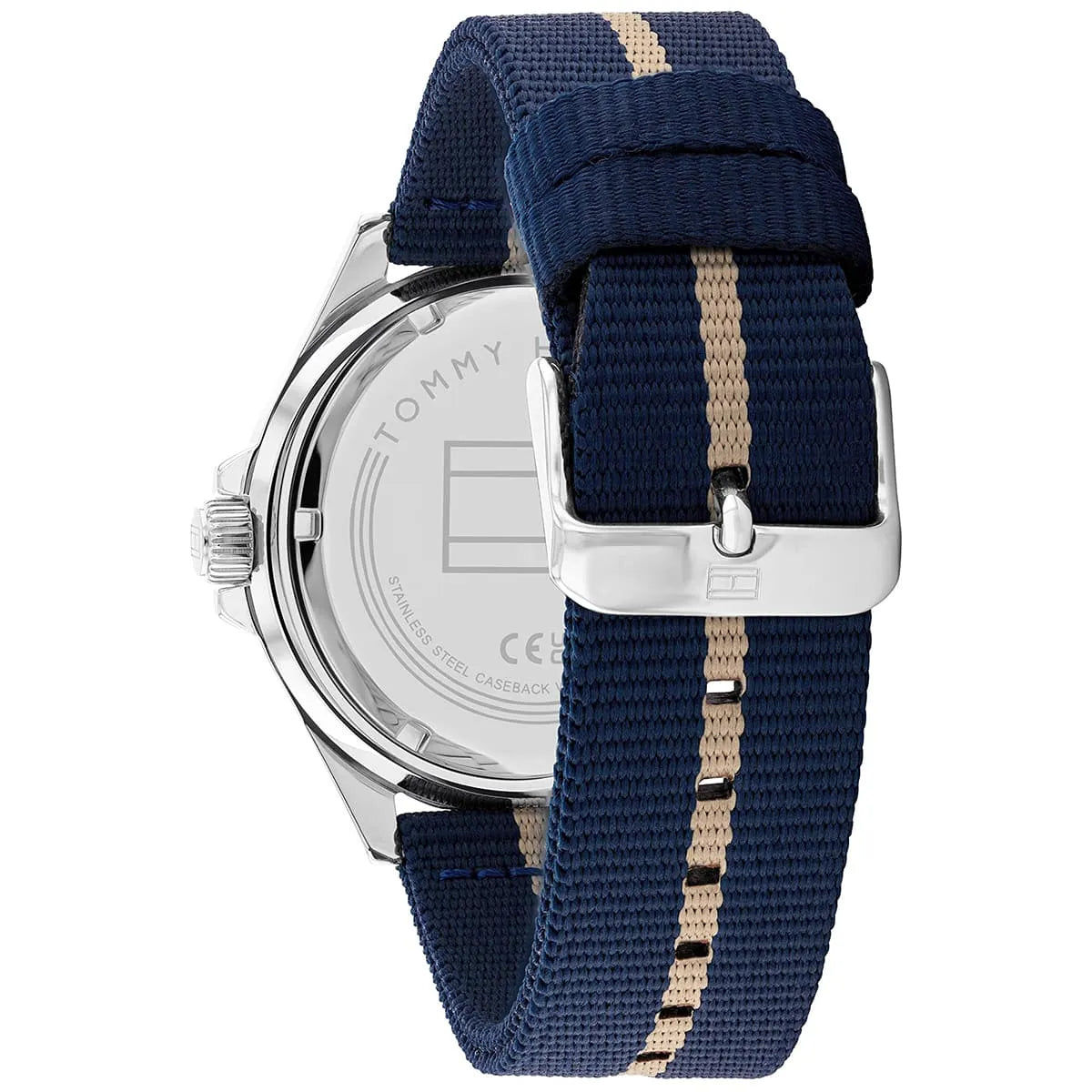 Tommy Hilfiger Logan watch side profile displaying case and navy fabric strap detail
