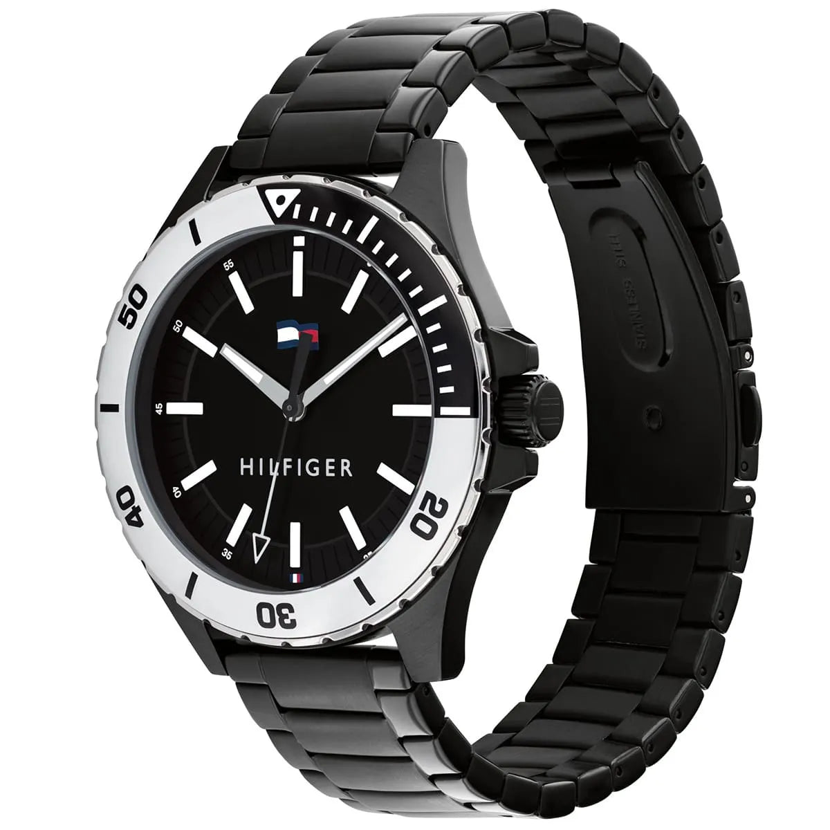 Tommy Hilfiger Logan watch at three-quarter angle showing black stainless steel bracelet