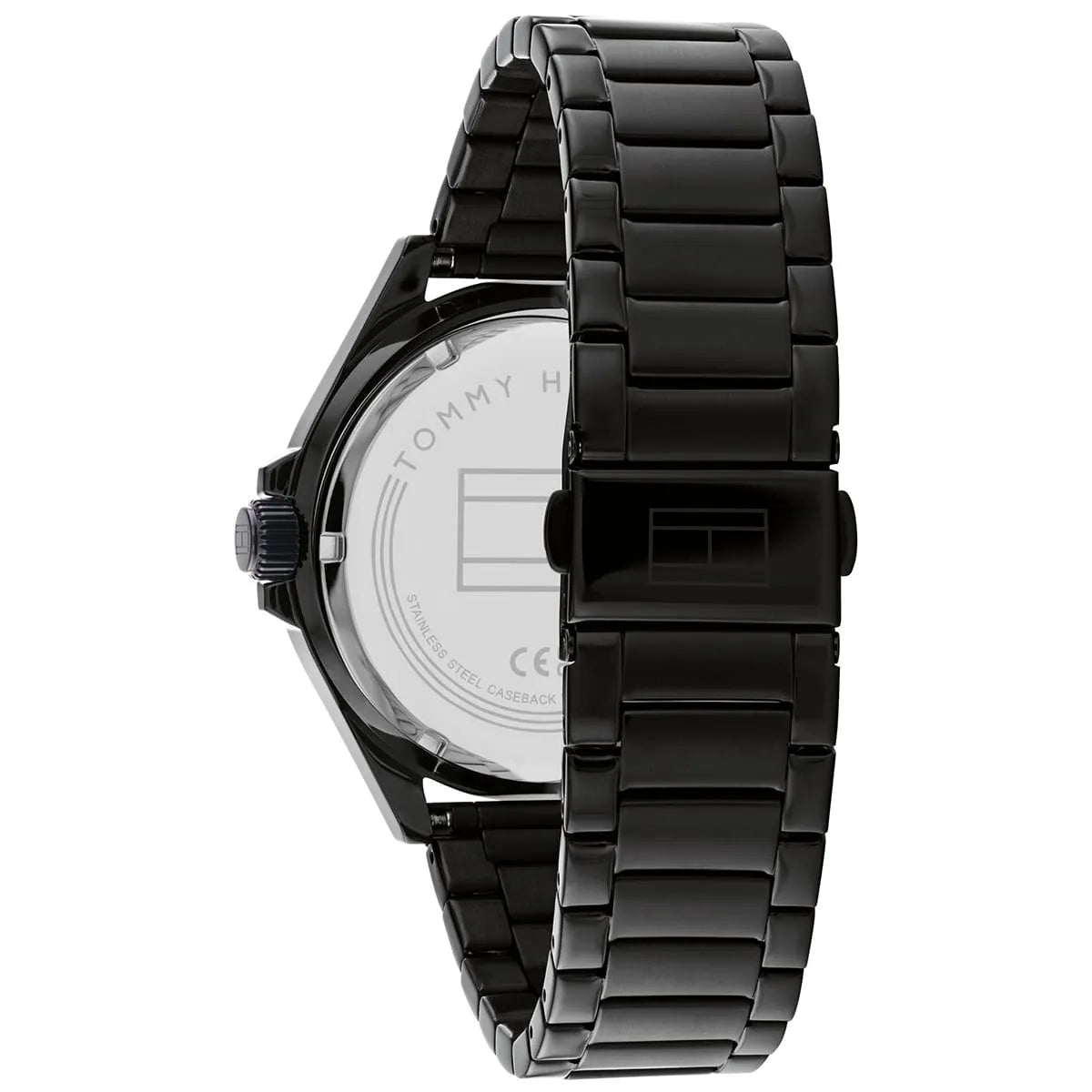 Tommy Hilfiger Logan watch side view displaying stainless steel bracelet and case profile