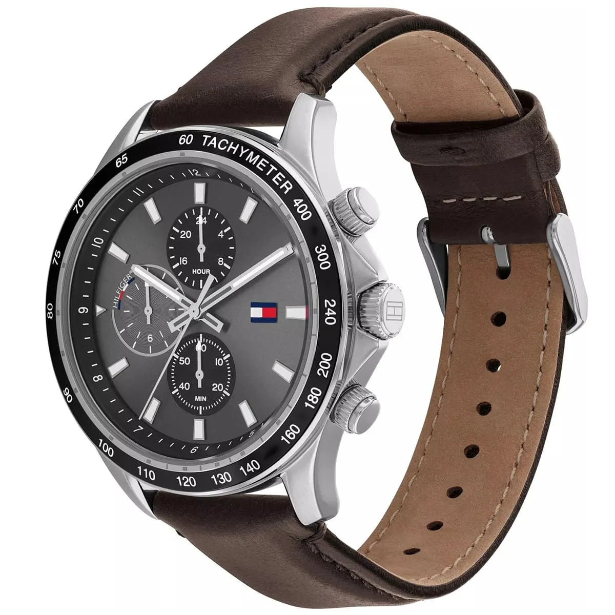 Side view of Tommy Hilfiger 1792015 watch showing brown leather strap details