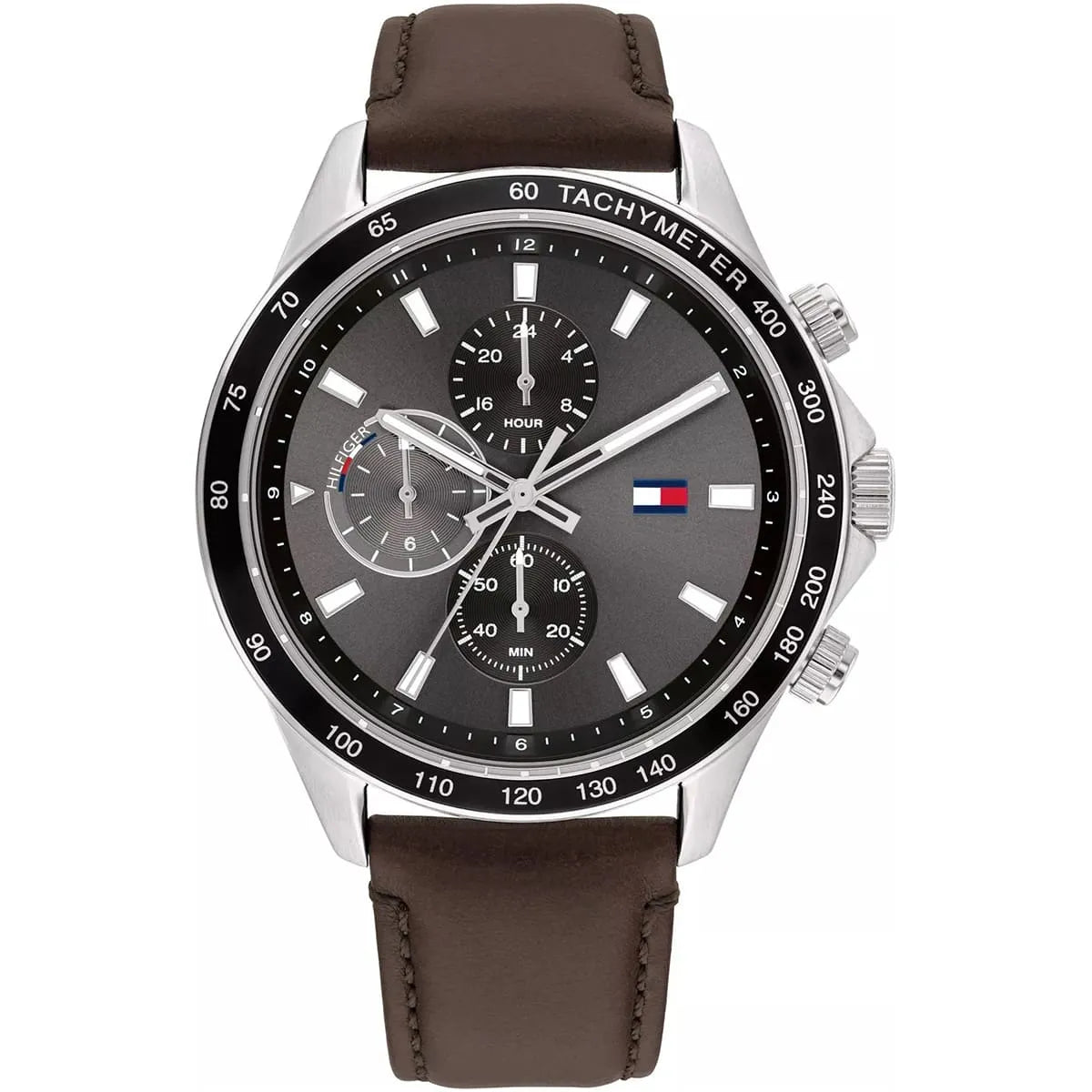 Tommy Hilfiger 1792015 chronograph watch with gray dial and brown leather strap