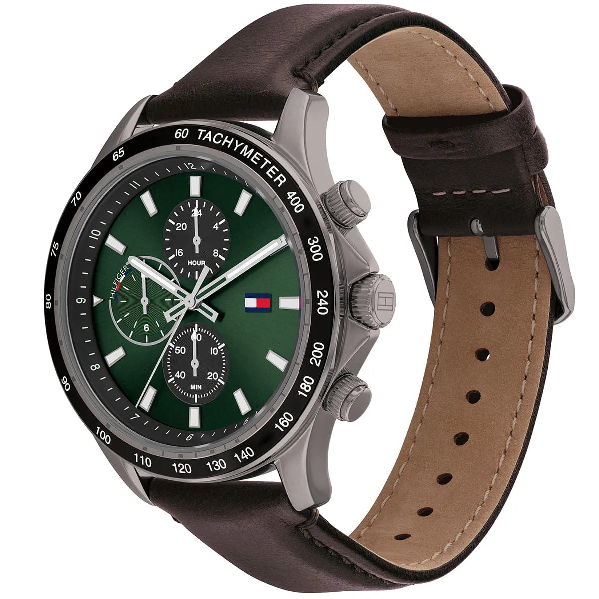 Tommy Hilfiger Miles chronograph watch at angle showing green dial and brown leather strap with tan suede lining