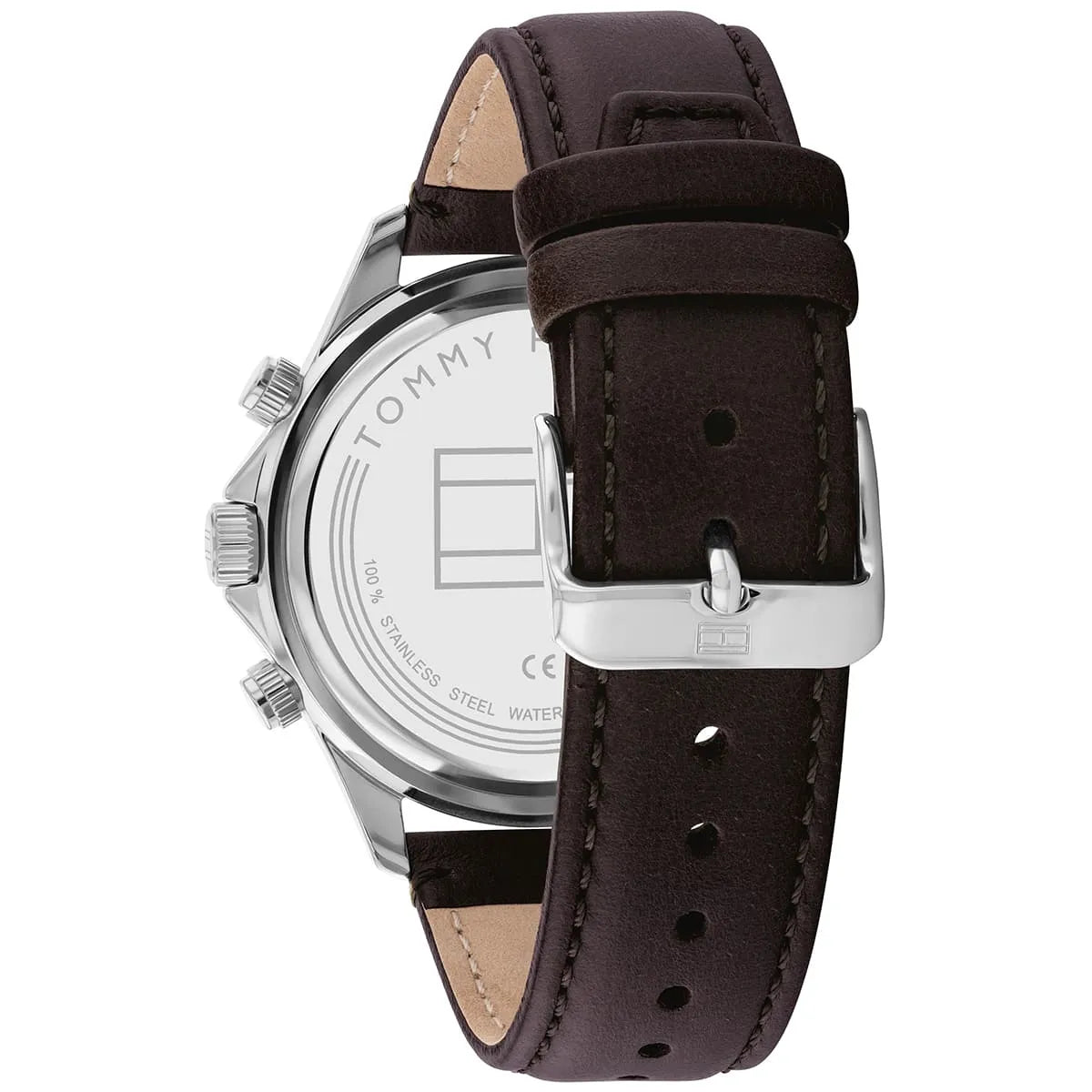 Tommy Hilfiger Miles watch caseback showing silver case and brown leather strap