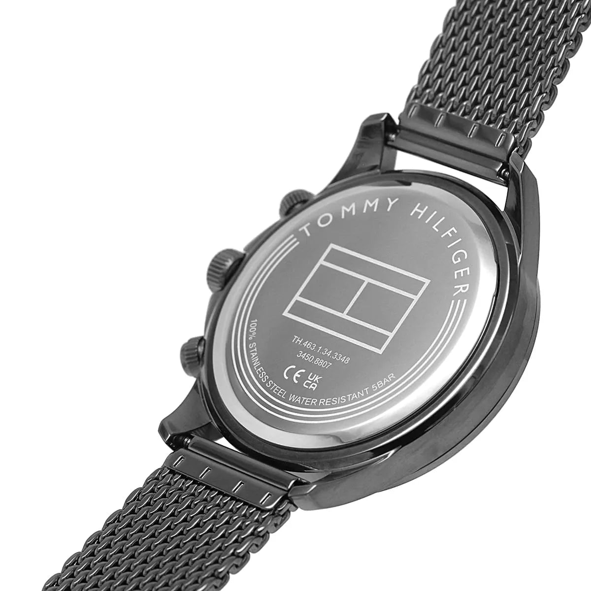 Tommy Hilfiger Miles watch caseback detail with mesh band and clasp