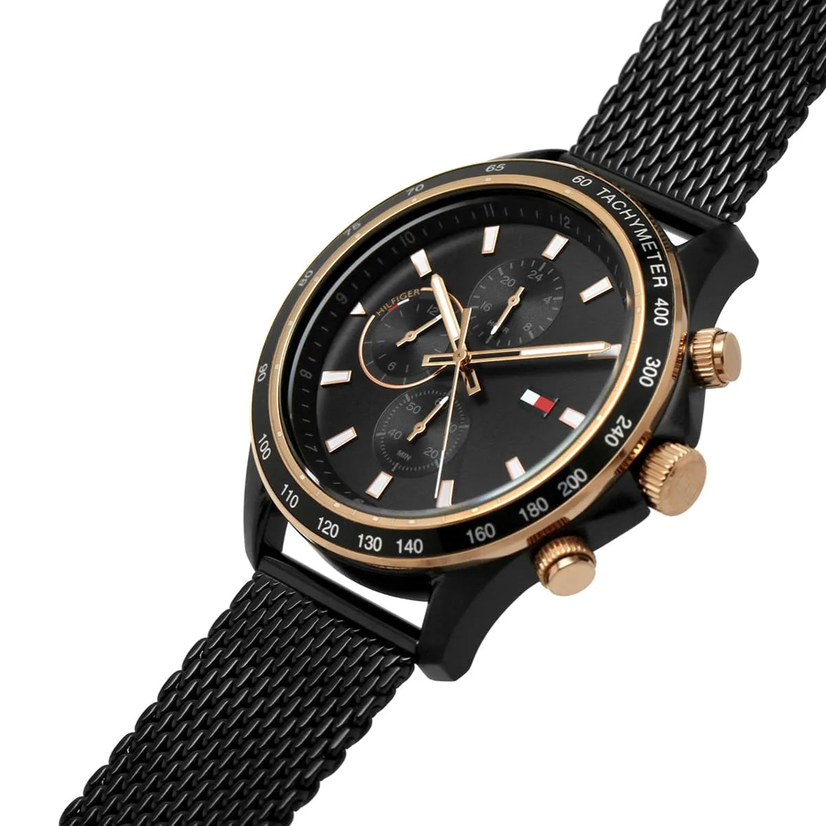 Tommy Hilfiger chronograph watch with black dial, rose gold accents, and mesh strap