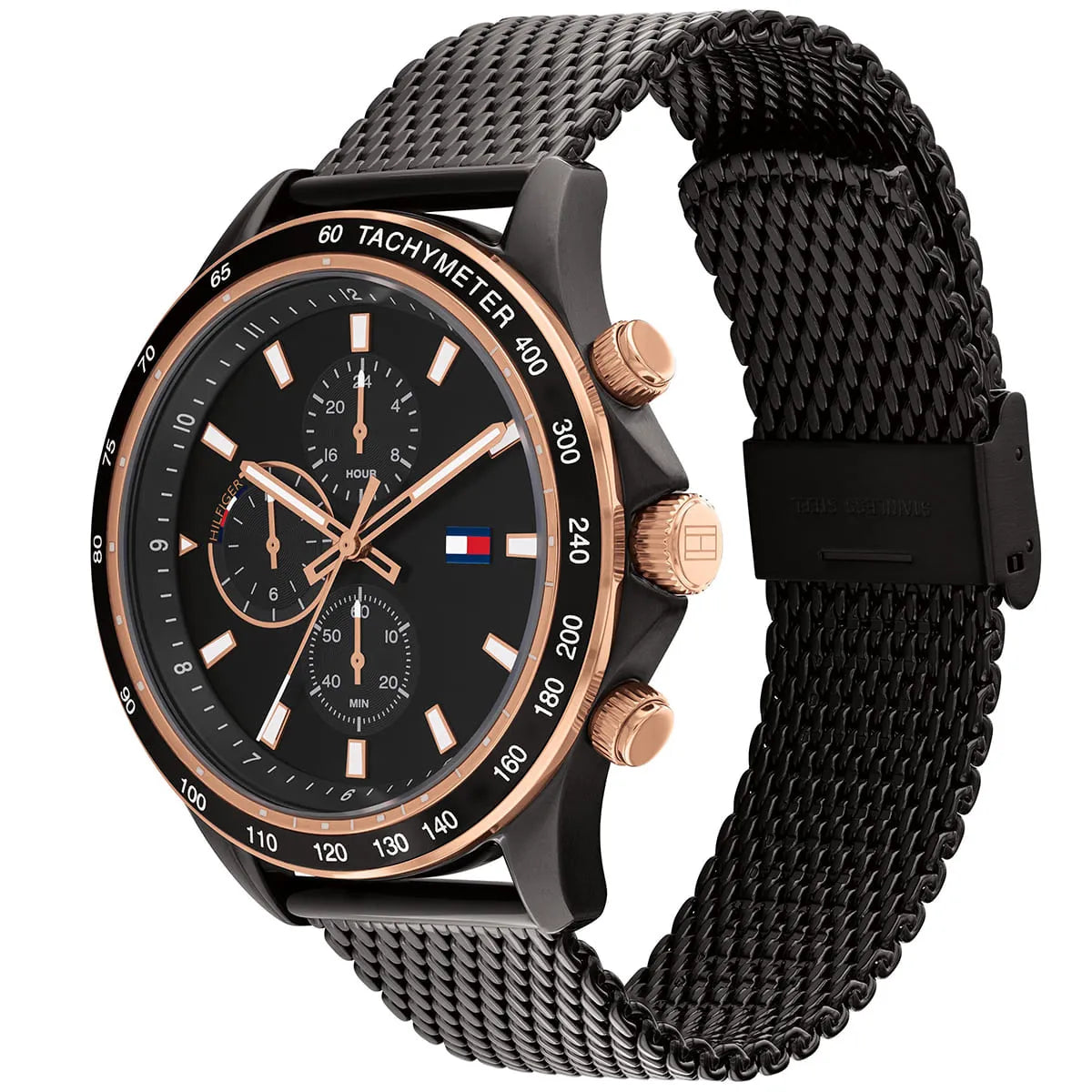 Tommy Hilfiger watch displayed at angle showing black mesh strap and rose gold pushers