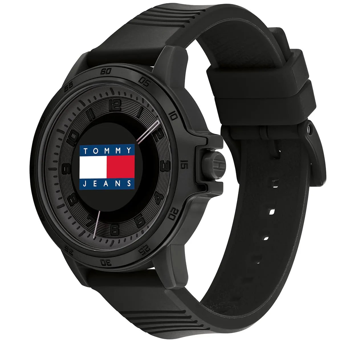 Tommy Hilfiger Jeans watch angled view showing black silicone strap and dial