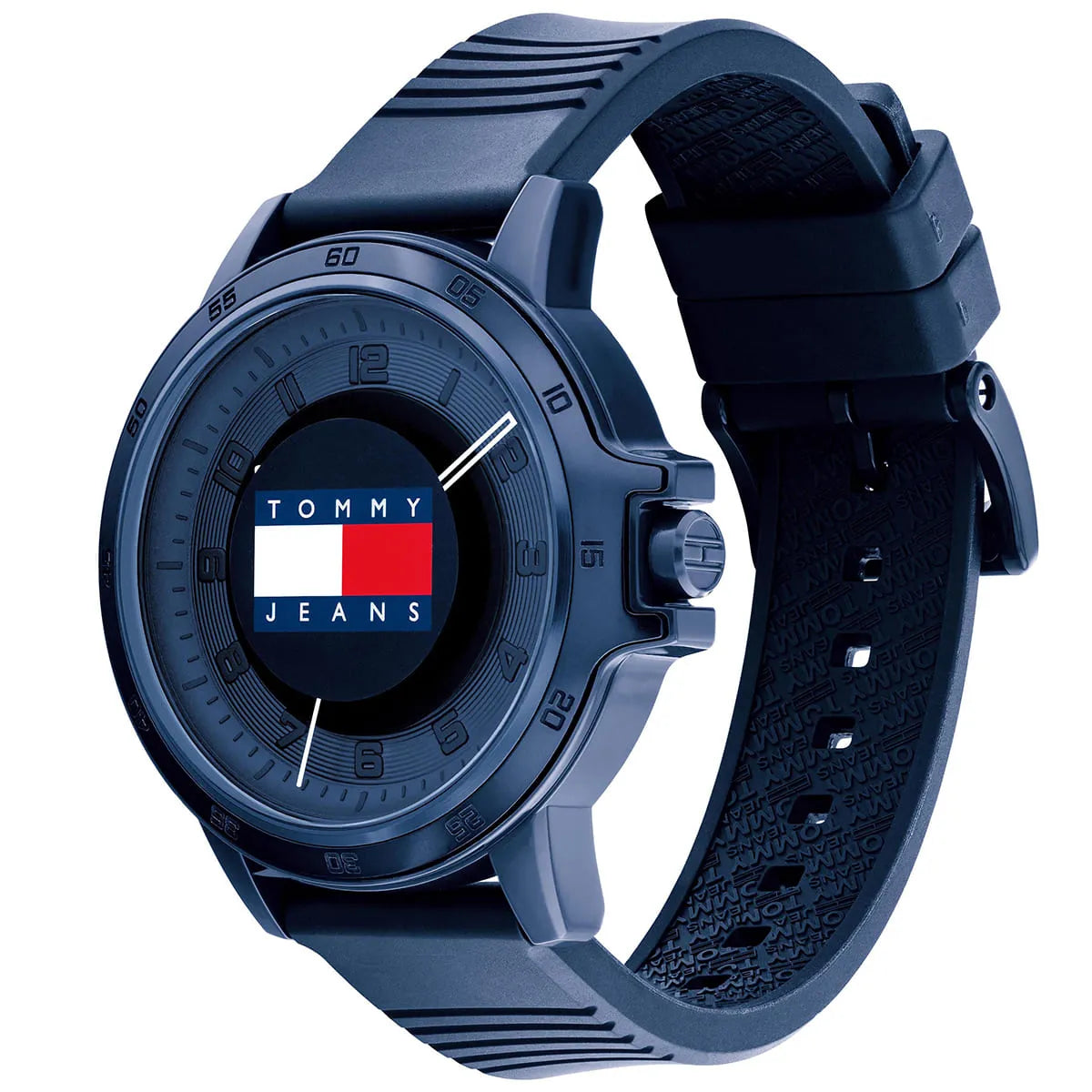 Side angle view of Tommy Hilfiger Houston watch showing blue case, strap, and dial with Tommy Jeans logo