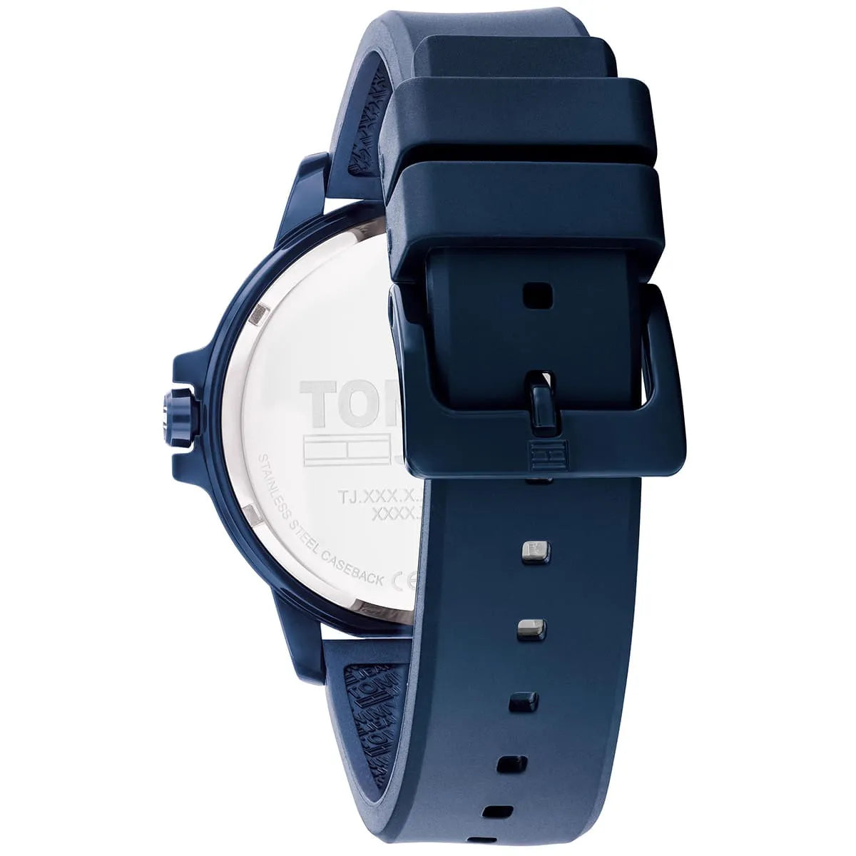 Case back view of Tommy Hilfiger Houston watch with stainless steel caseback and blue rubber strap