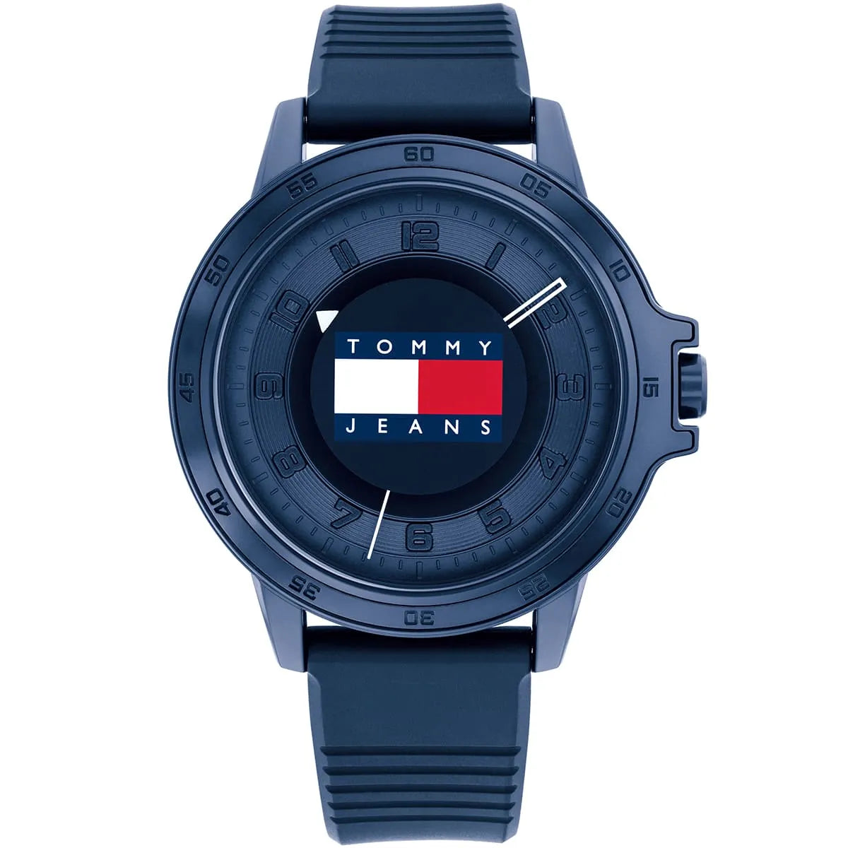 Tommy Hilfiger Houston men's watch with blue dial, Tommy Jeans flag logo, and blue rubber strap