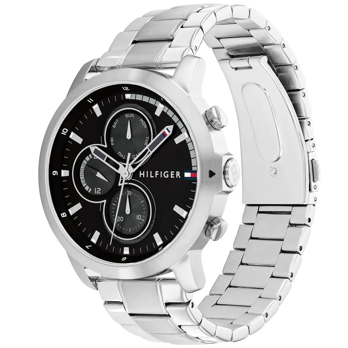 Side angle view of Tommy Hilfiger chronograph watch with stainless steel case and bracelet