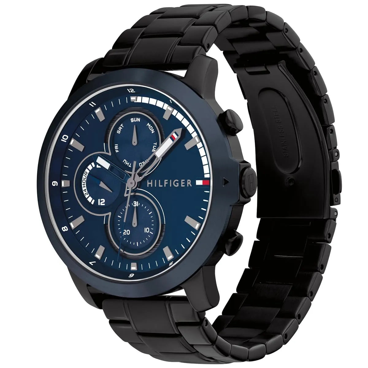 Tommy Hilfiger watch three-quarter view showing blue dial and black metal band