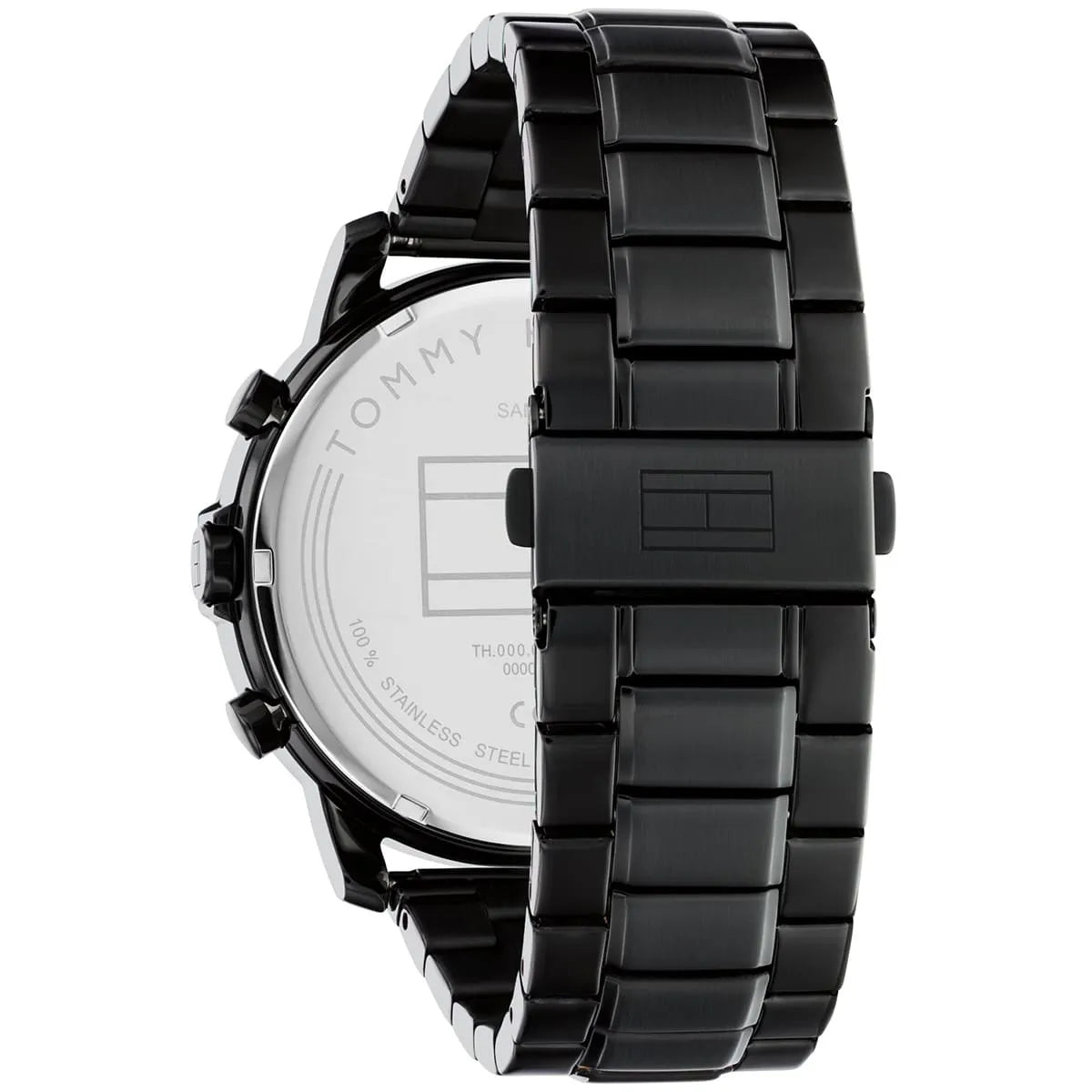 Tommy Hilfiger watch caseback showing stainless steel case and black strap