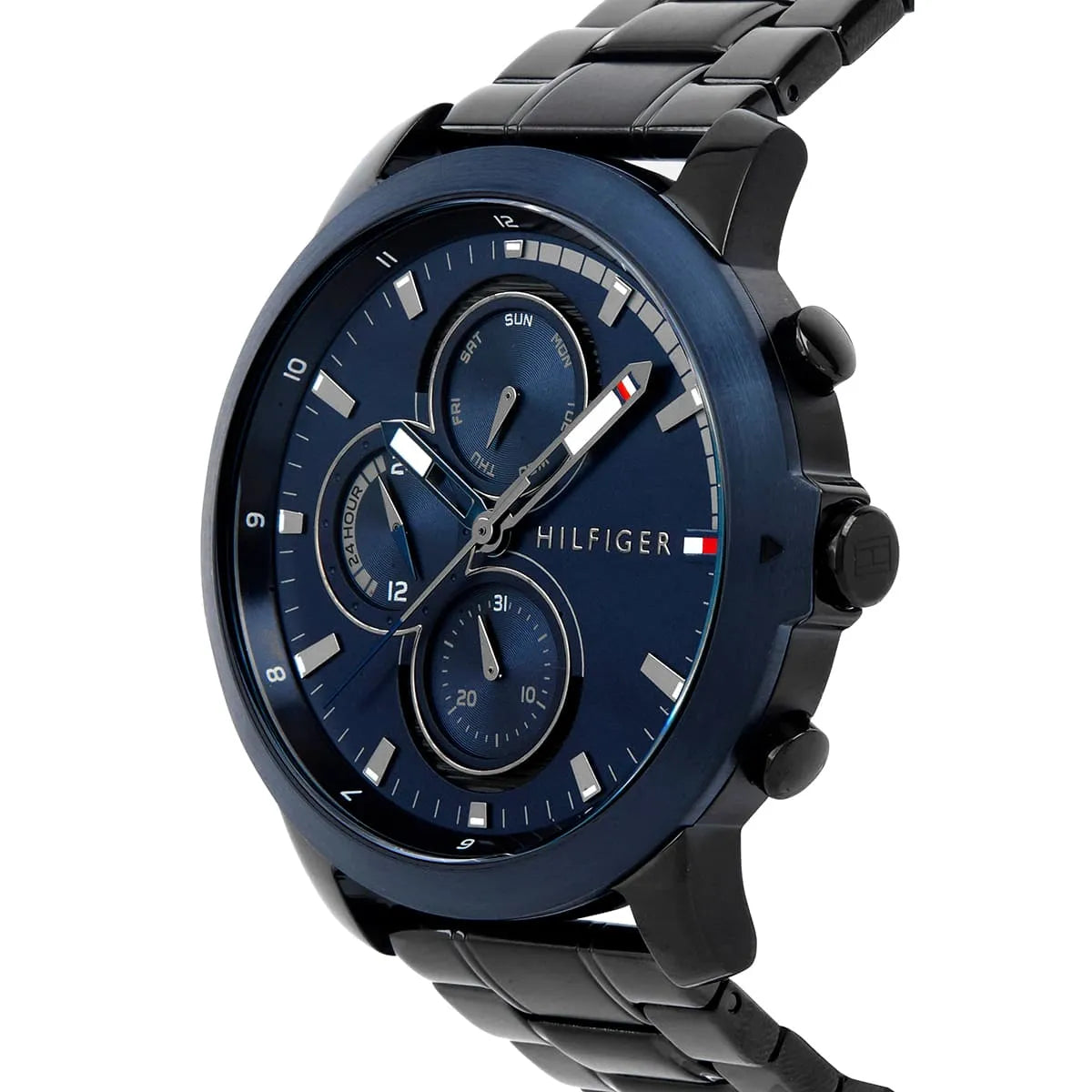 Tommy Hilfiger watch side view displaying blue dial with chronograph subdials and black bracelet