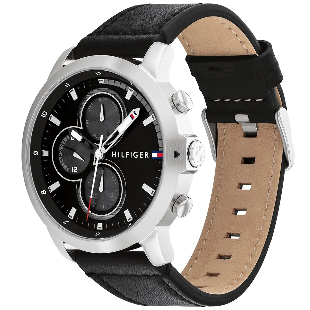 Tommy Hilfiger Jameson watch side view showing silver case, black leather strap with tan interior, and chronograph pushers