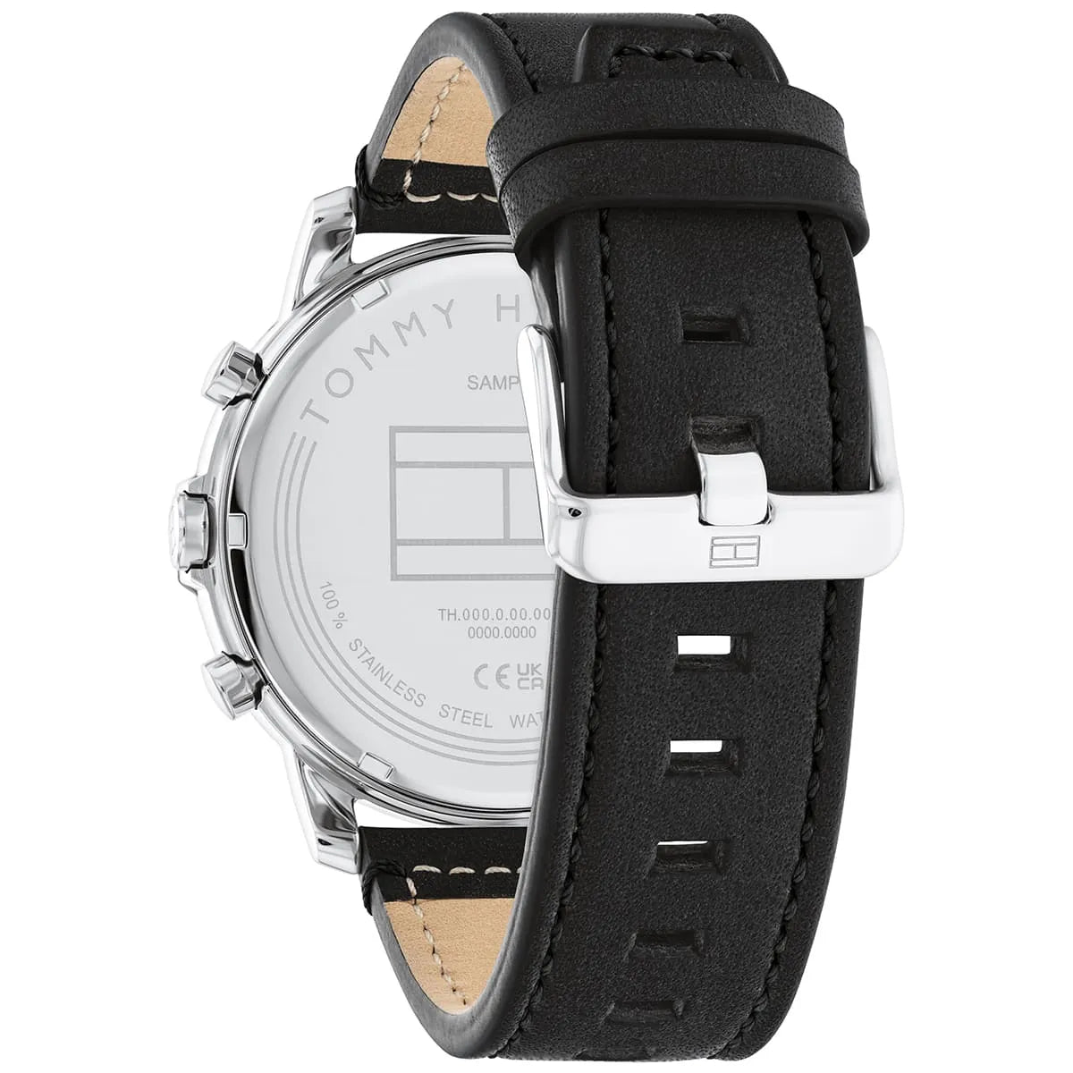 Tommy Hilfiger Jameson watch caseback showing stainless steel with brand text, warranty info, and black leather strap
