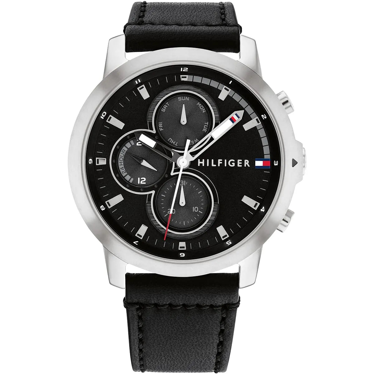 Tommy Hilfiger Jameson gold tone men's chronograph watch with silver case, black dial, and black leather strap