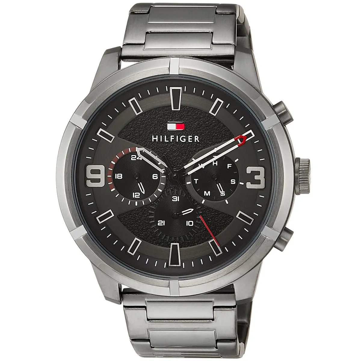 Tommy Hilfiger watch angled view showing black dial and stainless steel bracelet