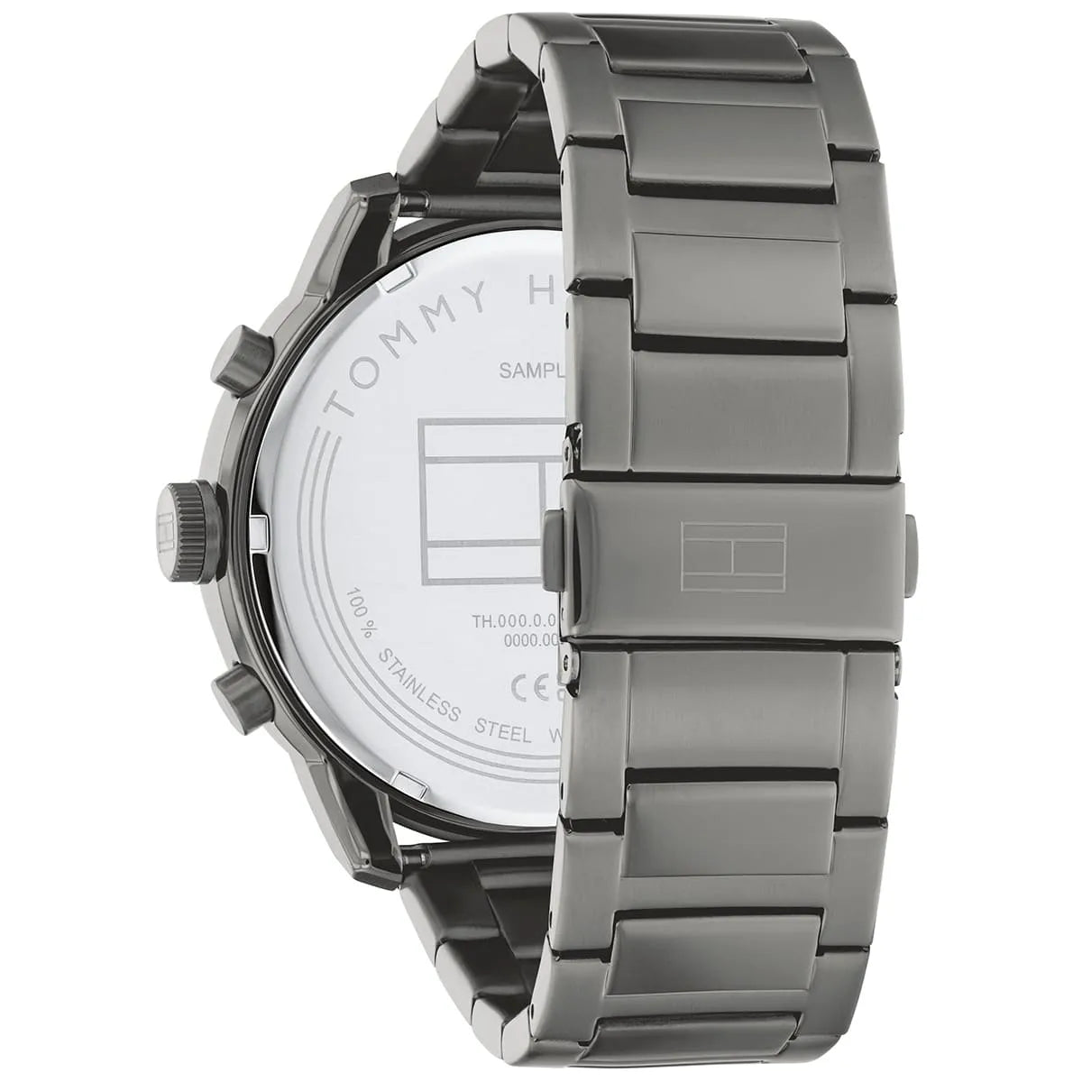 Tommy Hilfiger watch caseback showing stainless steel construction and engraving