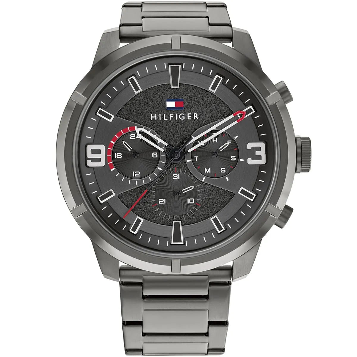 Tommy Hilfiger men's watch with black dial, dual subdials, gray stainless steel case and bracelet