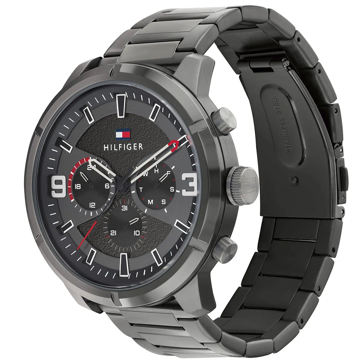 Tommy Hilfiger watch side view with gray stainless steel case and black silicone strap