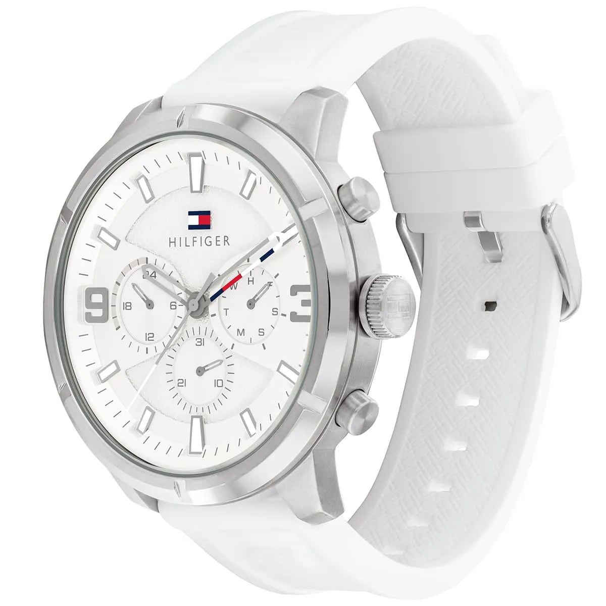 Tommy Hilfiger Wild chronograph watch displayed at angle showing white rubber strap and case details
