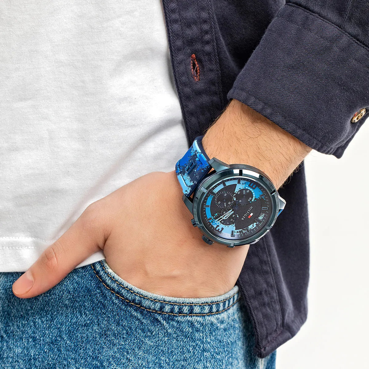 Tommy Hilfiger Wild Blue Chronograph watch on wrist showing blue dial and strap detail