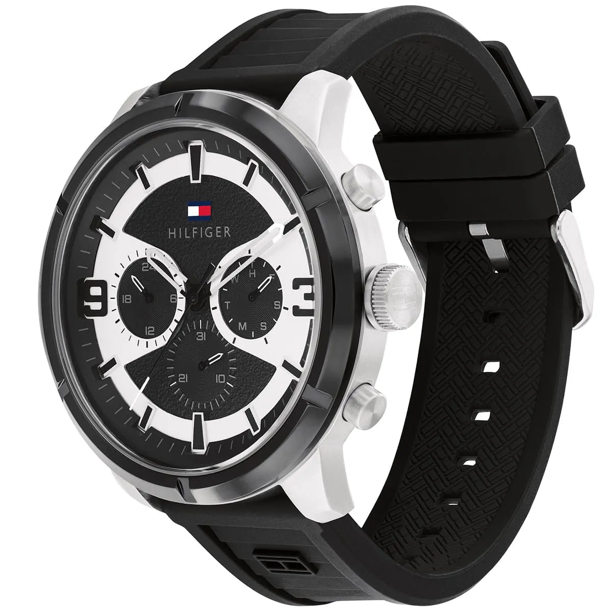 Tommy Hilfiger Wild watch at angle showing white and black case with rubber strap detail