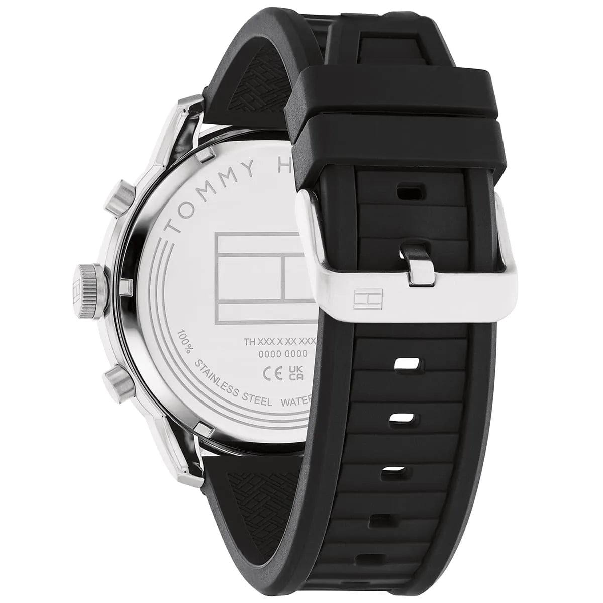 Tommy Hilfiger Wild caseback showing stainless steel with engraved text and specifications