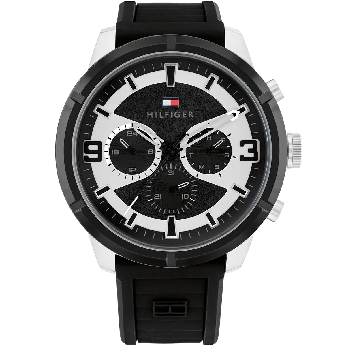 Tommy Hilfiger Wild black chronograph watch with white dial accents and rubber strap
