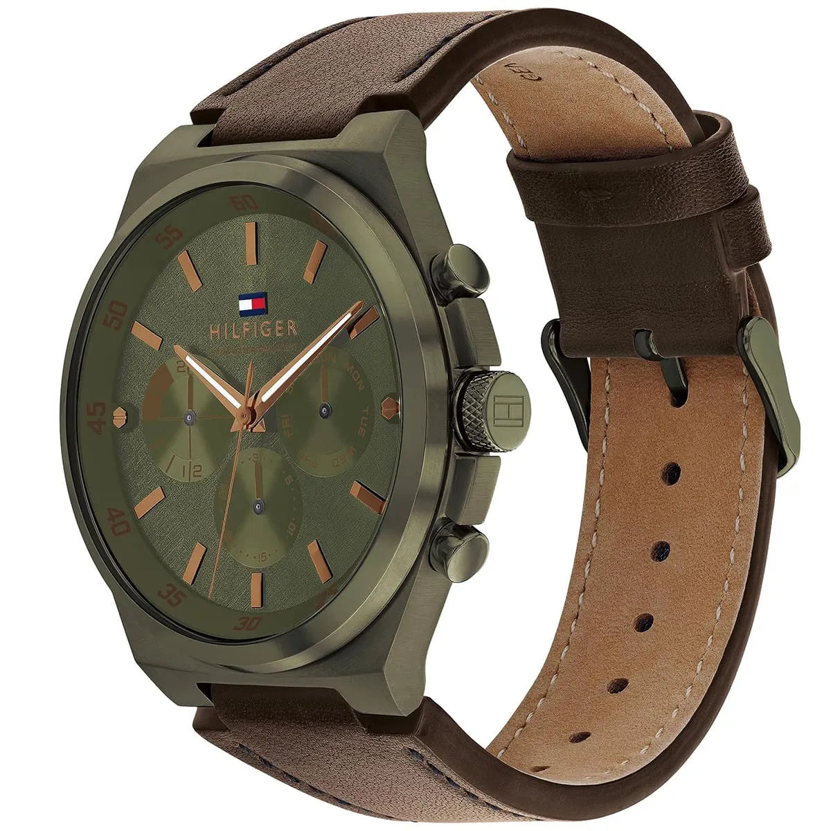 Side view of Tommy Hilfiger watch showing green case, dial detail, and brown leather strap