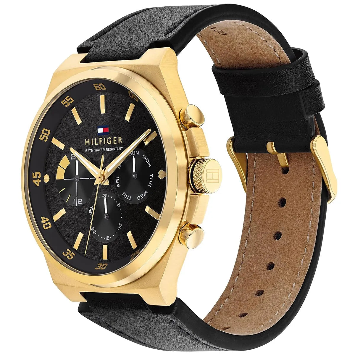 Tommy Hilfiger Dexter watch at angle showing black and tan leather strap with gold buckle