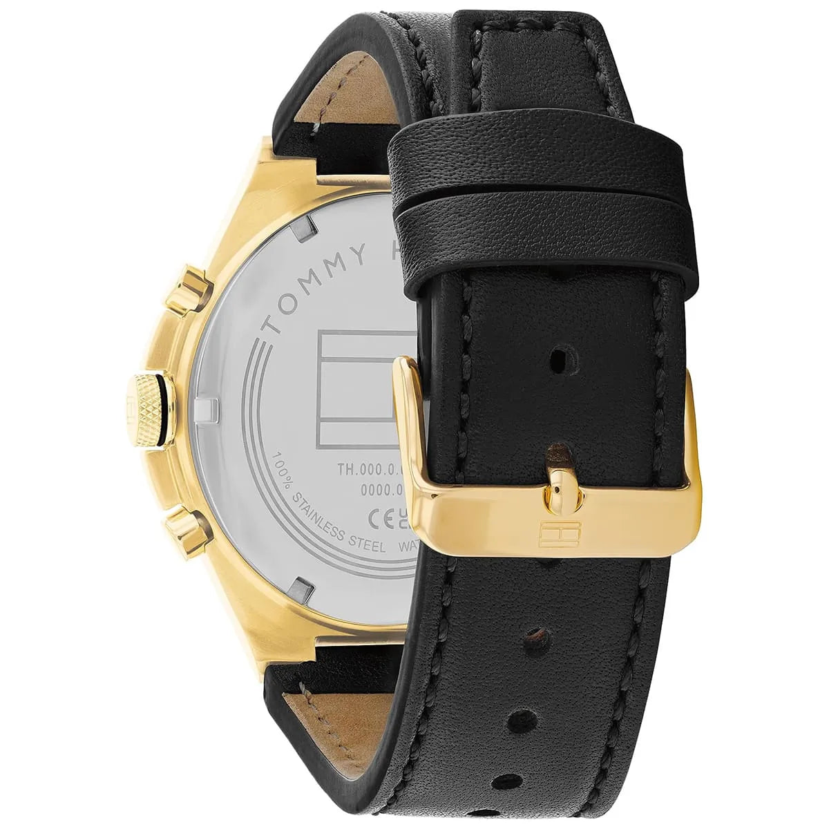 Tommy Hilfiger Dexter watch caseback with steel engraving and black leather strap