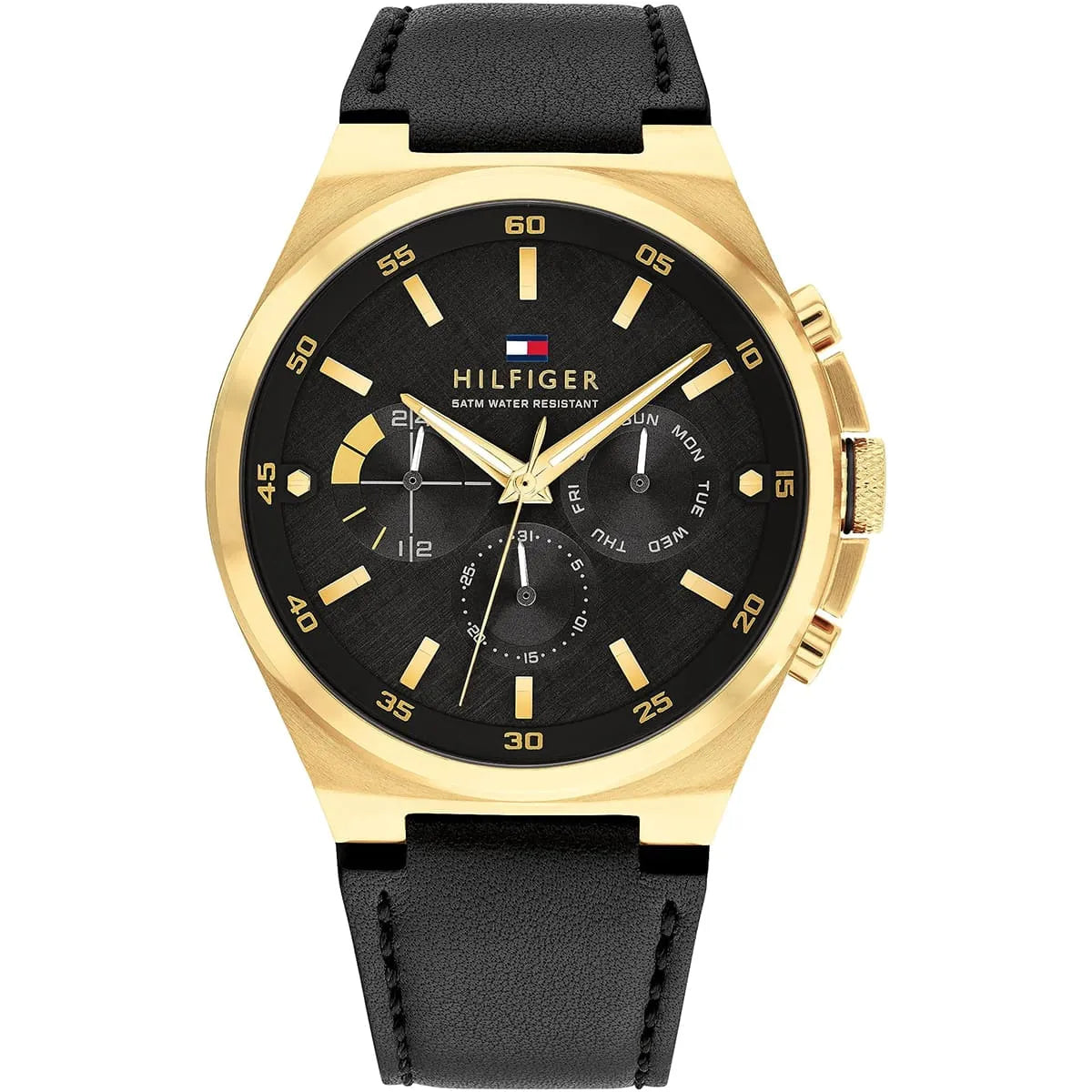 Tommy Hilfiger Dexter men's watch with black dial, gold-tone case, and black leather strap