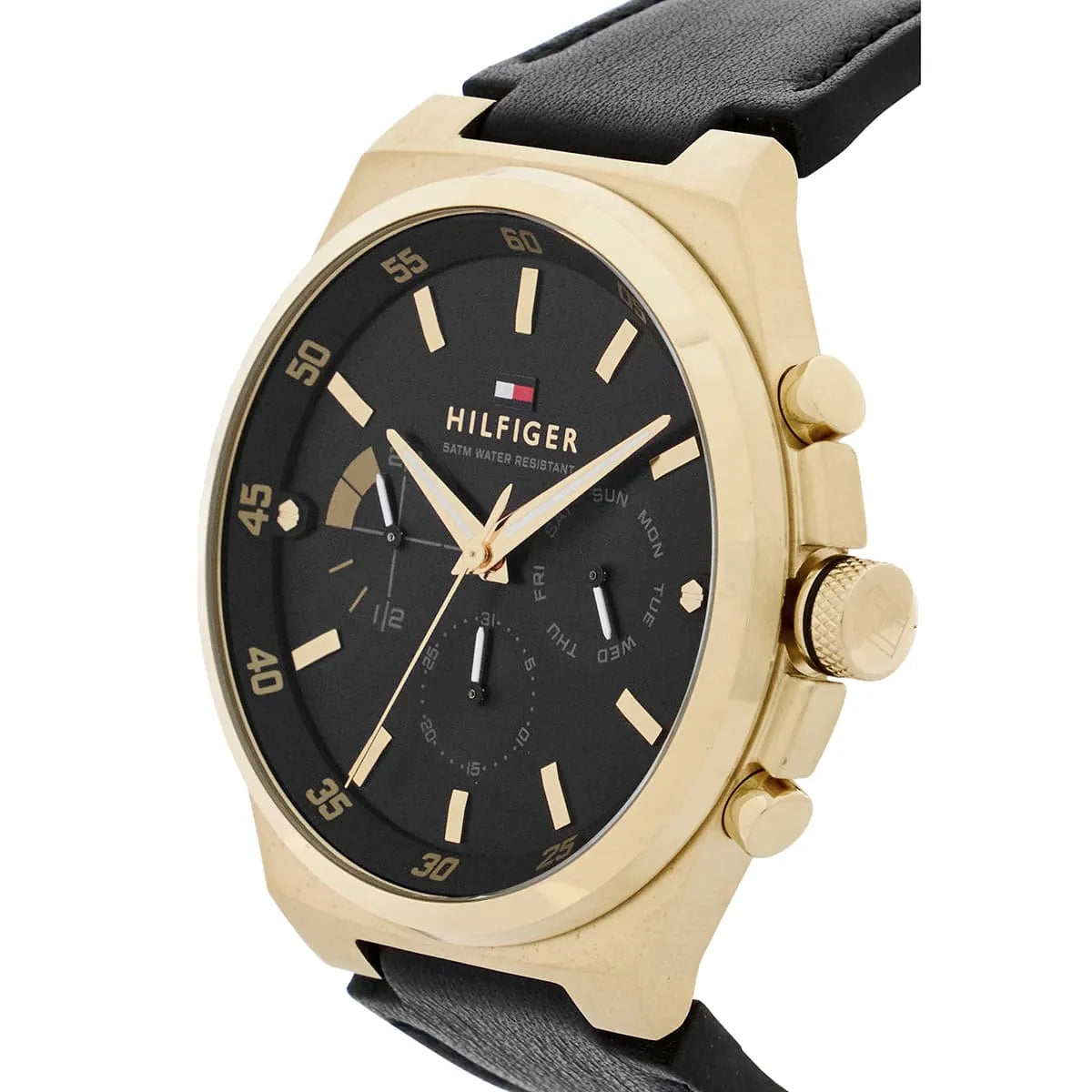 Tommy Hilfiger Dexter watch side view showing gold-tone case with chronograph pushers