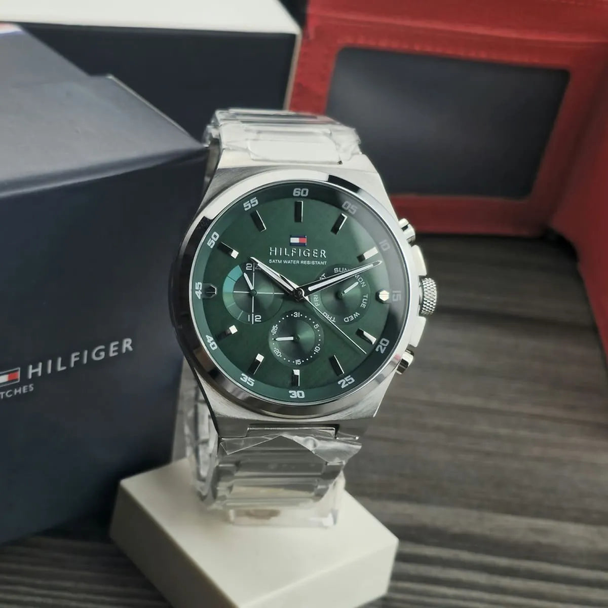 Tommy Hilfiger Dexter watch displayed with branded packaging box