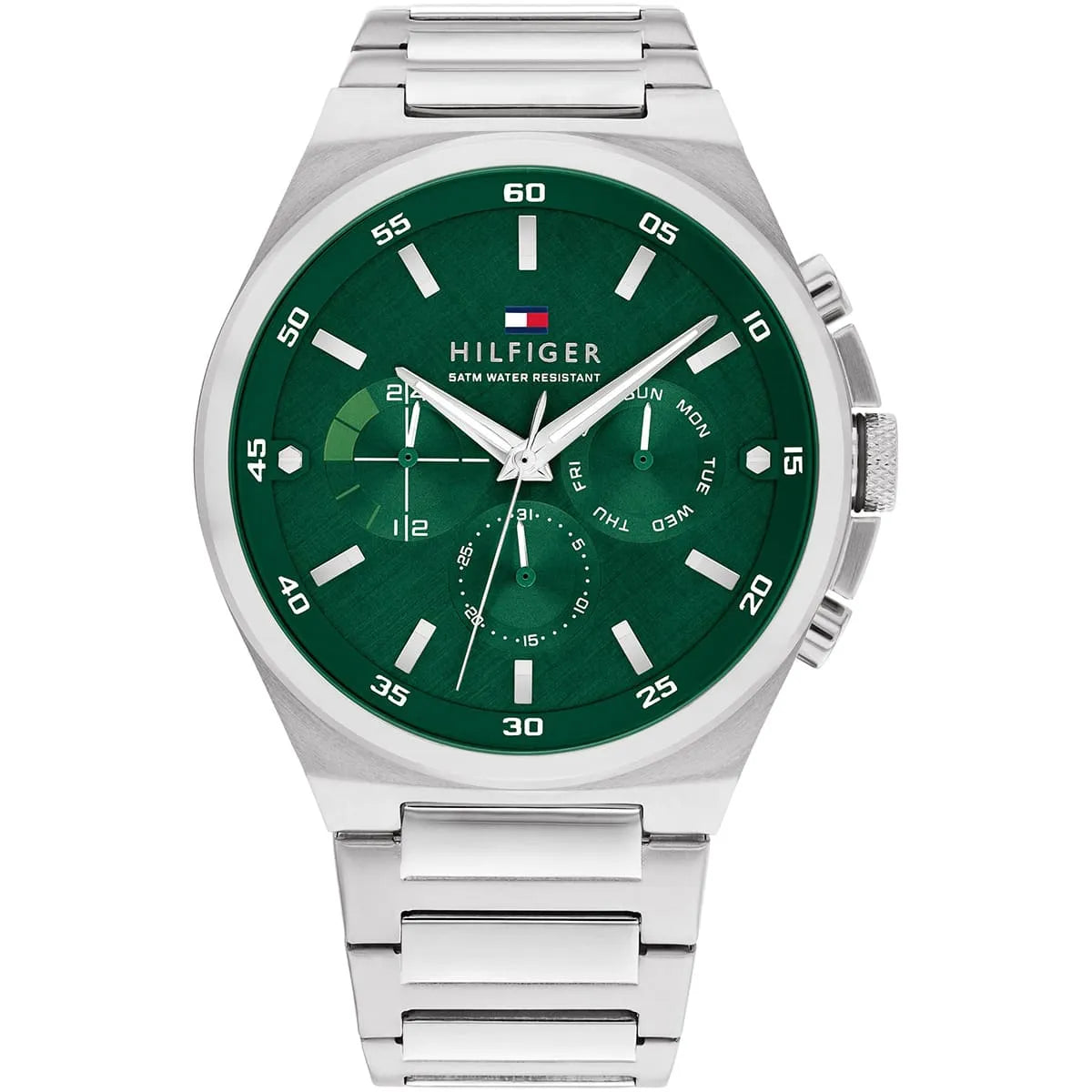 Tommy Hilfiger Dexter multifunction watch with green dial and stainless steel bracelet