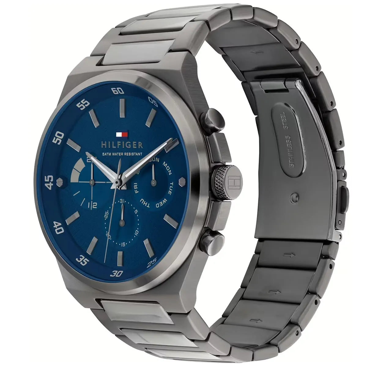 Side angle view of Tommy Hilfiger Dexter watch showing blue dial and gray metal bracelet