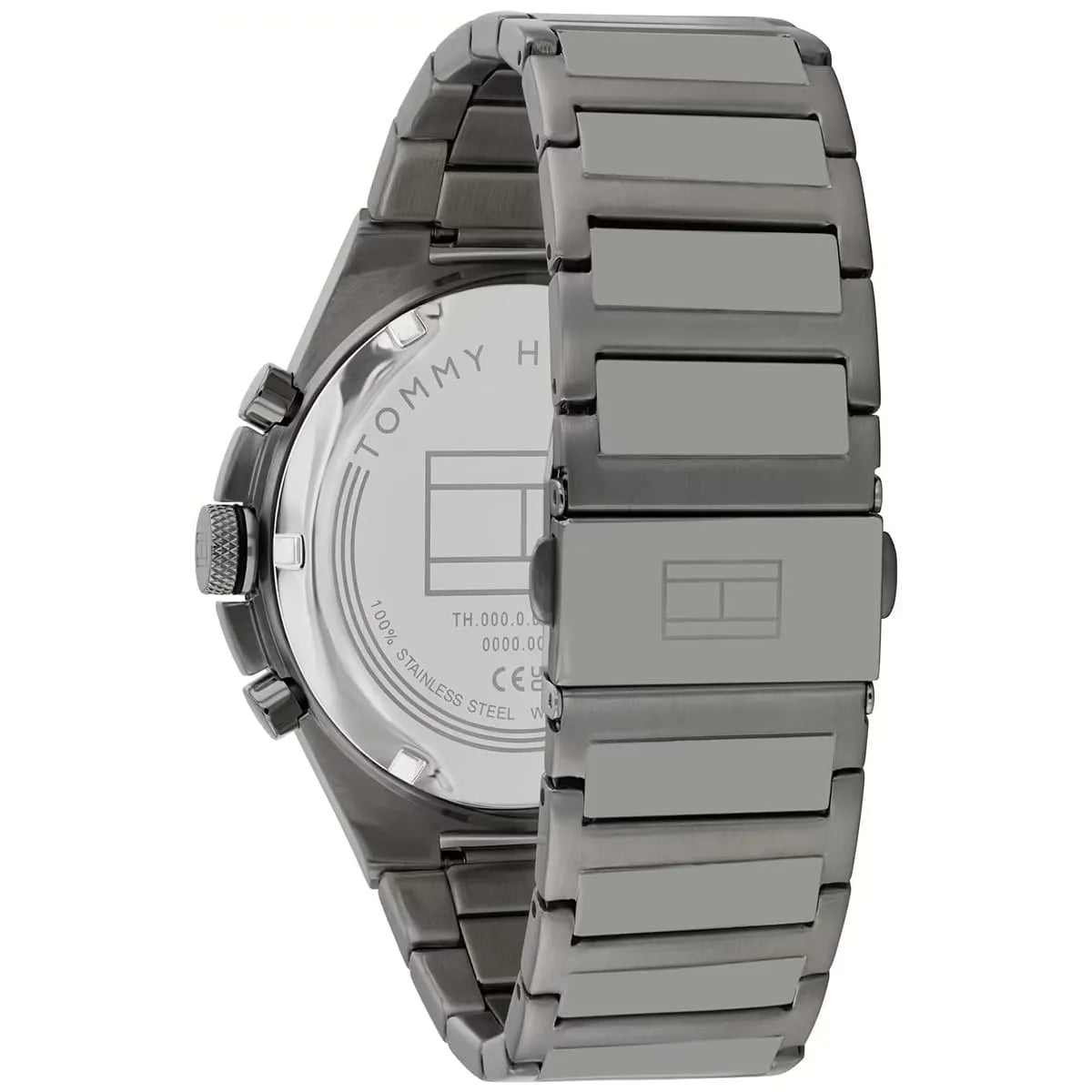 Case back of Tommy Hilfiger Dexter watch showing stainless steel bracelet