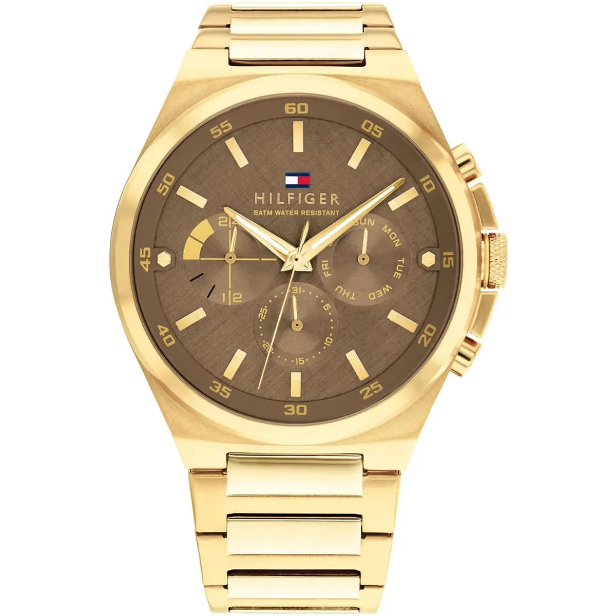 Tommy Hilfiger Dexter multifunction watch with brown dial and gold stainless steel bracelet