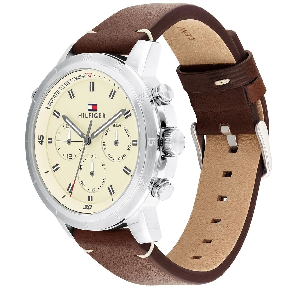 Tommy Hilfiger Troy watch angled view showing silver case and brown leather strap detail