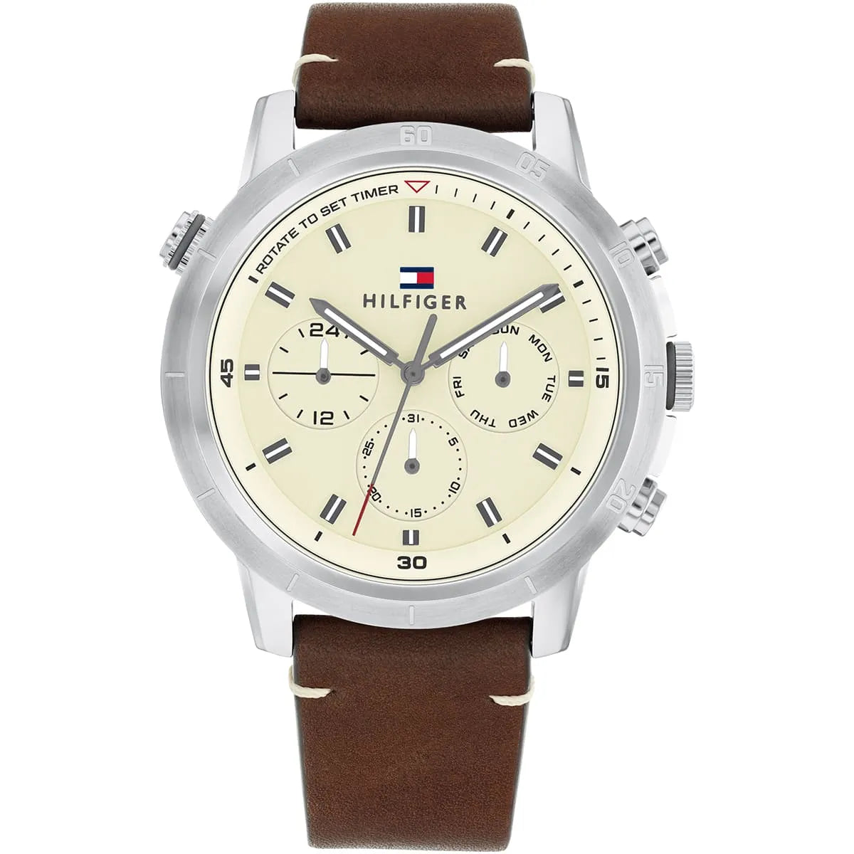 Tommy Hilfiger Troy men's watch with beige dial and brown leather strap, front view