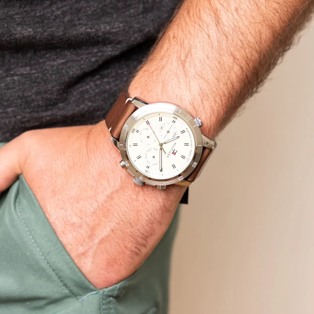 Tommy Hilfiger Troy men's chronograph watch worn on wrist