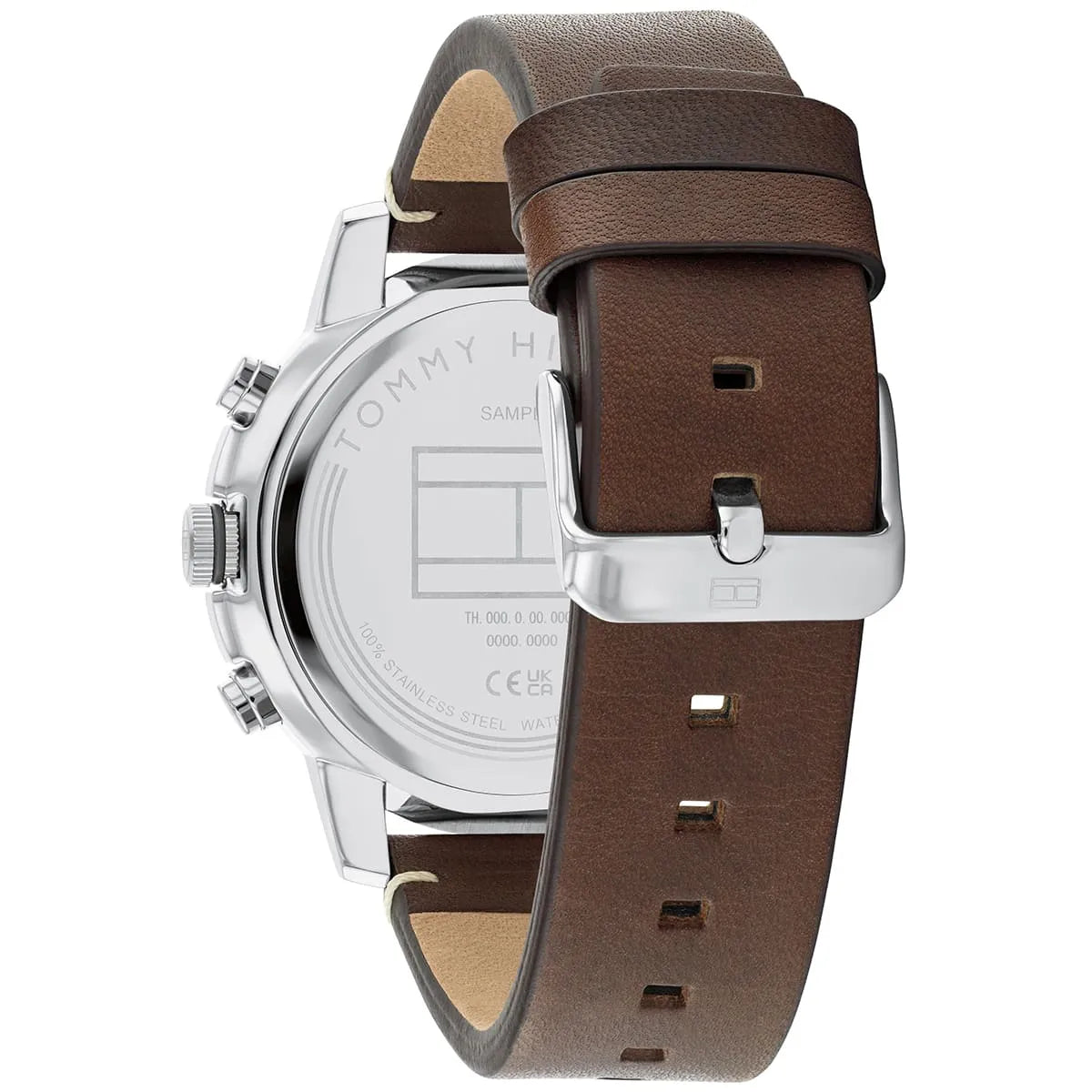 Tommy Hilfiger Troy watch side view showing case profile and leather strap
