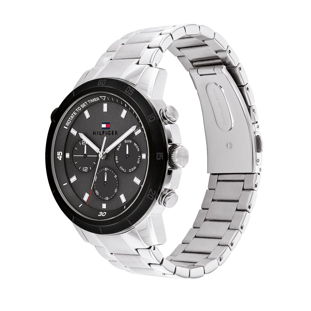 Tommy Hilfiger 1792106 watch angled view displaying case and stainless steel bracelet