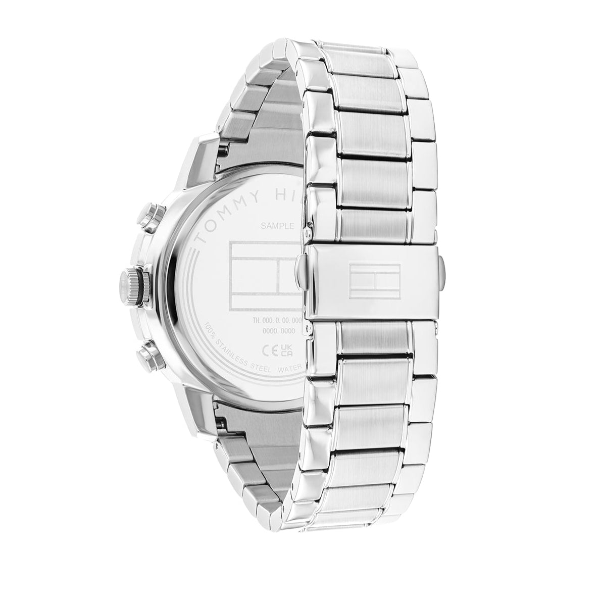 Watch case back showing stainless steel bracelet and closure mechanism